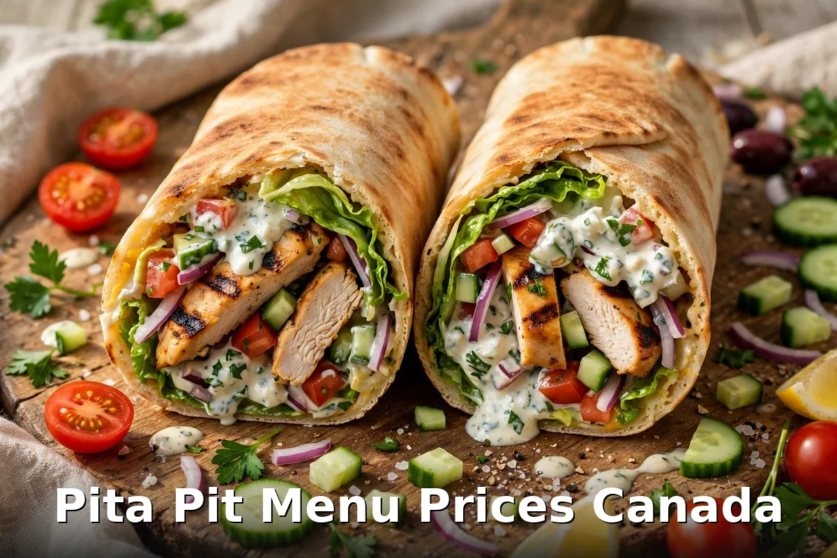 Pita Pit menu prices Canada 2026: grilled chicken pita wraps with fresh vegetables and garlic sauce