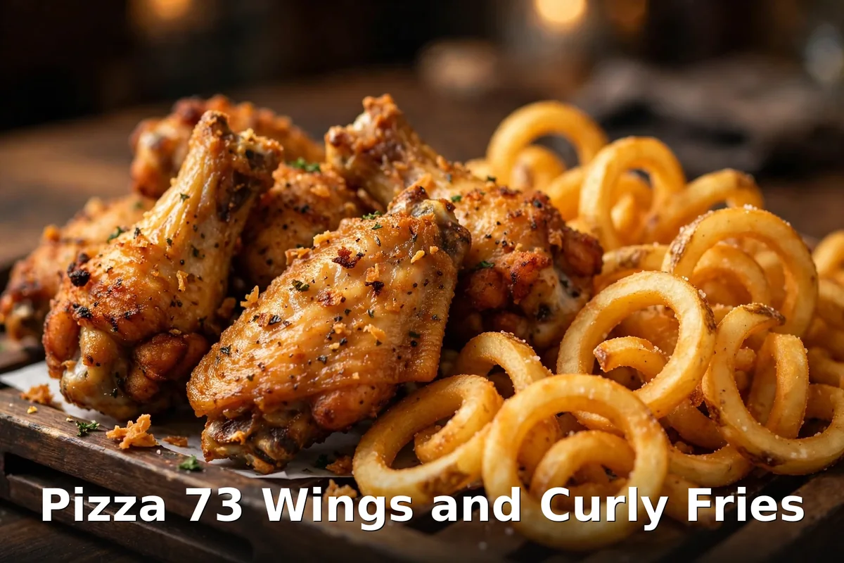 Pizza 73 wings and curly fries prices Canada: golden chicken wings, crispy curly fries and a loaded pizza on a wooden table
