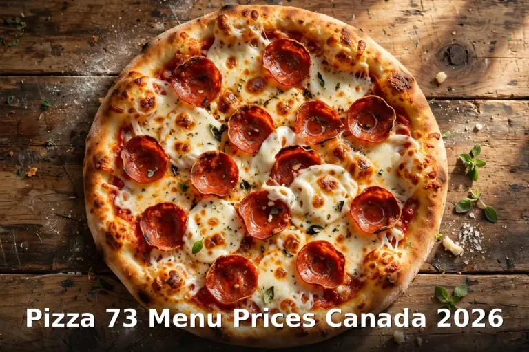 Pizza 73 Menu Prices Canada 2026: cheesy pepperoni pizza with golden curly fries and chicken wings on a rustic wooden table