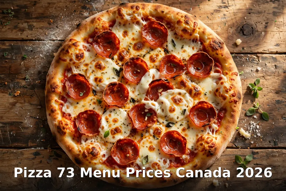 Pizza 73 Menu Prices Canada 2026: cheesy pepperoni pizza with golden curly fries and chicken wings on a rustic wooden table