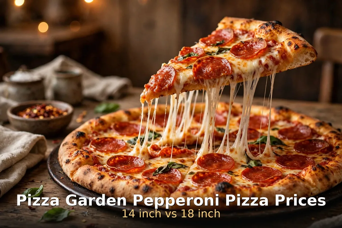 Pizza Garden pepperoni pizza prices Canada: 14 inch vs 18 inch cheese-pull slice, medium and large sizes compared