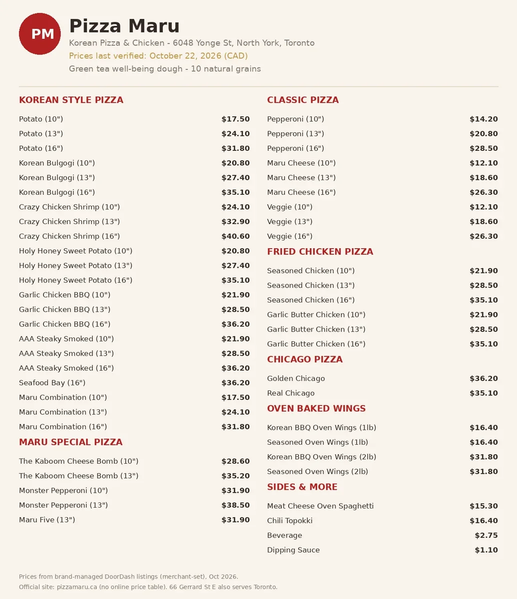 pizza maru menu prices, current Pizza Maru Toronto menu card with Korean-style pizza and fried chicken prices in CAD