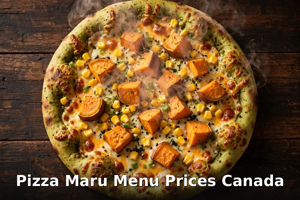 Pizza Maru menu prices Canada 2026: AI-generated Korean-style sweet potato pizza on green tea dough