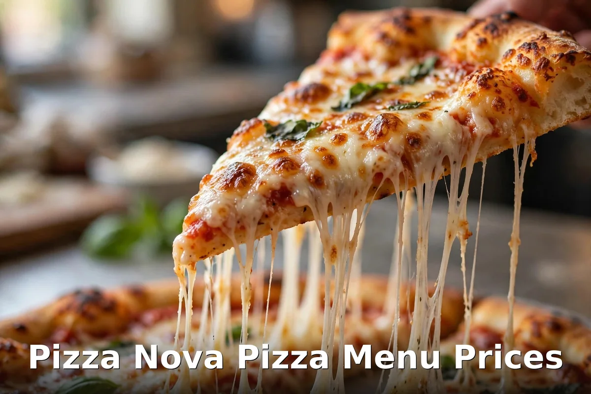 Pizza Nova pizza menu prices: cheesy pepperoni slice being pulled from a fresh pie, pizza nova menu prices canada