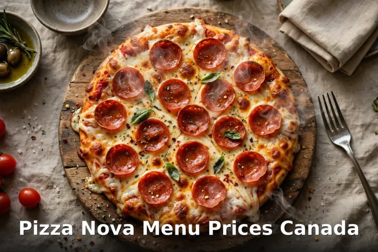 Pizza Nova menu prices Canada 2026: pepperoni pizza on wooden board, pizza nova menu prices canada