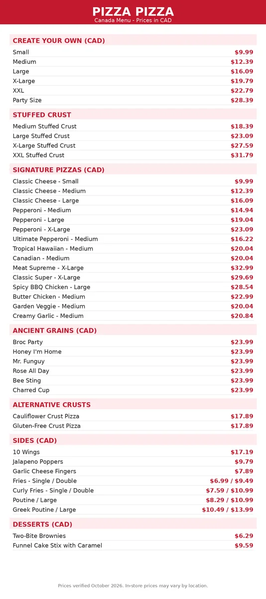 Pizza Pizza Canada current menu card with create your own pizza prices, signature pizzas, stuffed crust, sides and desserts in CAD, pizza pizza menu prices canada