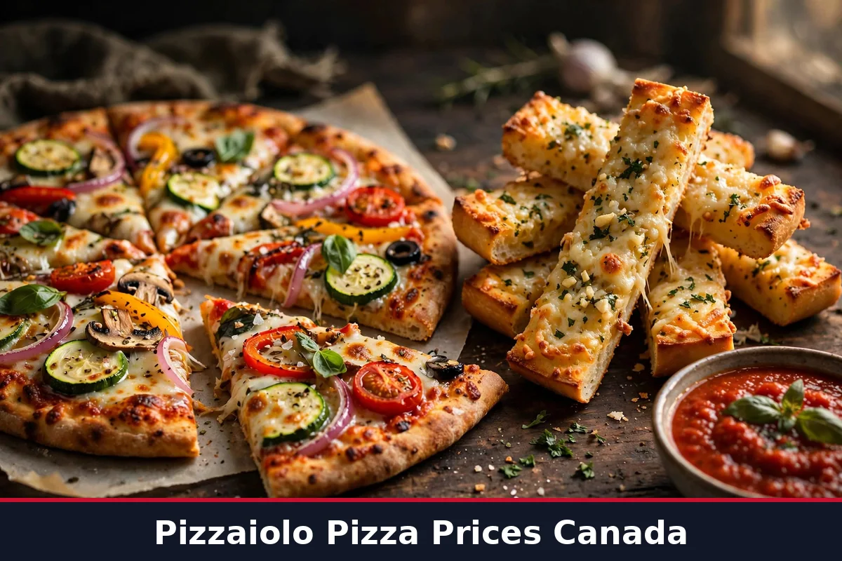 Gourmet veggie pizza with cheesy garlic bread sticks and marinara dip, pizzaiolo garlic bread price canada