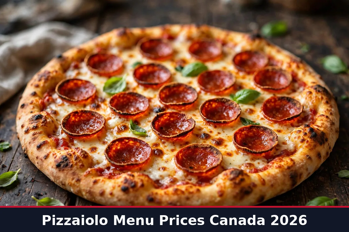 AI-generated gourmet pepperoni pizza with crisp Pizzaiolo menu prices Canada 2026 text overlay, pizzaiolo menu prices canada