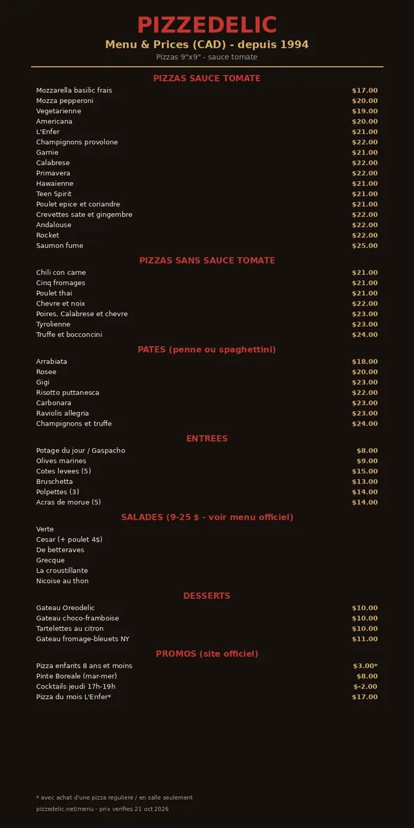 Pizzedelic official menu card showing 9 inch pizza, pasta, starter, salad and dessert prices in CAD, pizzedelic menu prices canada