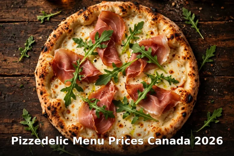Gourmet Pizzedelic pizza on a wooden table with melted mozzarella and fresh toppings, pizzedelic menu prices canada 2026
