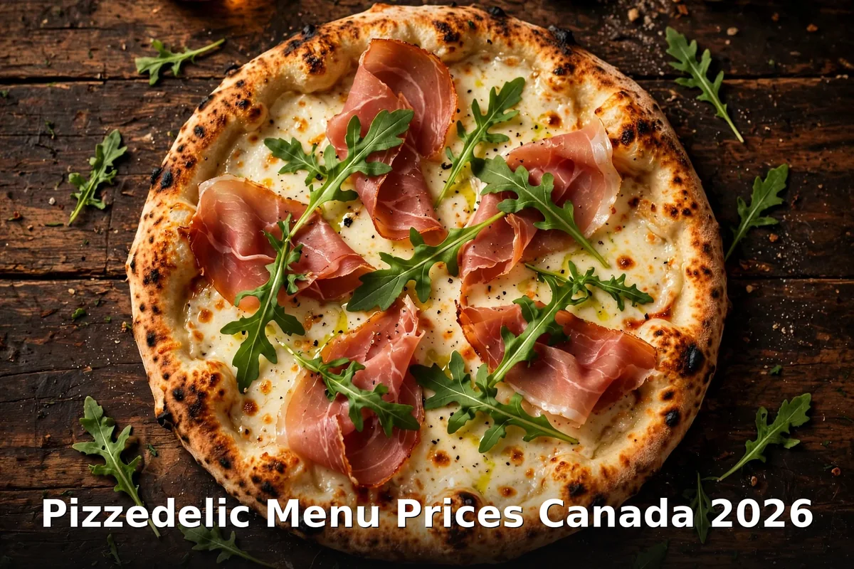 Gourmet Pizzedelic pizza on a wooden table with melted mozzarella and fresh toppings, pizzedelic menu prices canada 2026