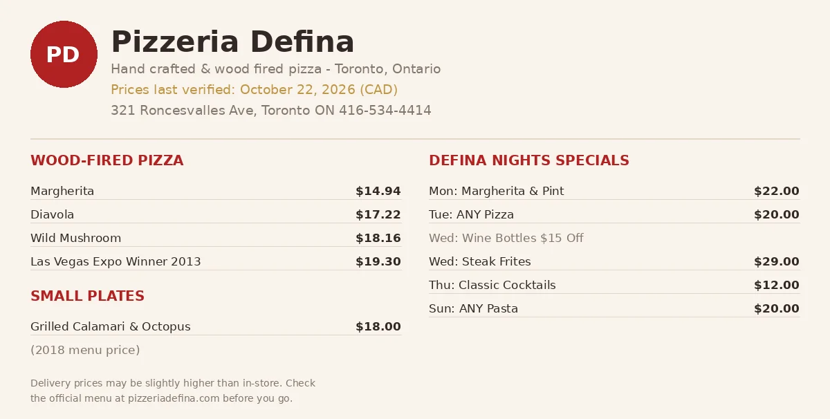pizzeria defina menu prices, current Pizzeria Defina Canada menu card with wood-fired pizza prices in CAD