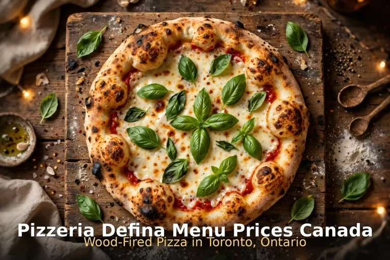 Pizzeria Defina menu prices Canada 2026: AI-generated wood-fired pizza with leopard-spotted crust, Pizzeria Defina Margherita pizza