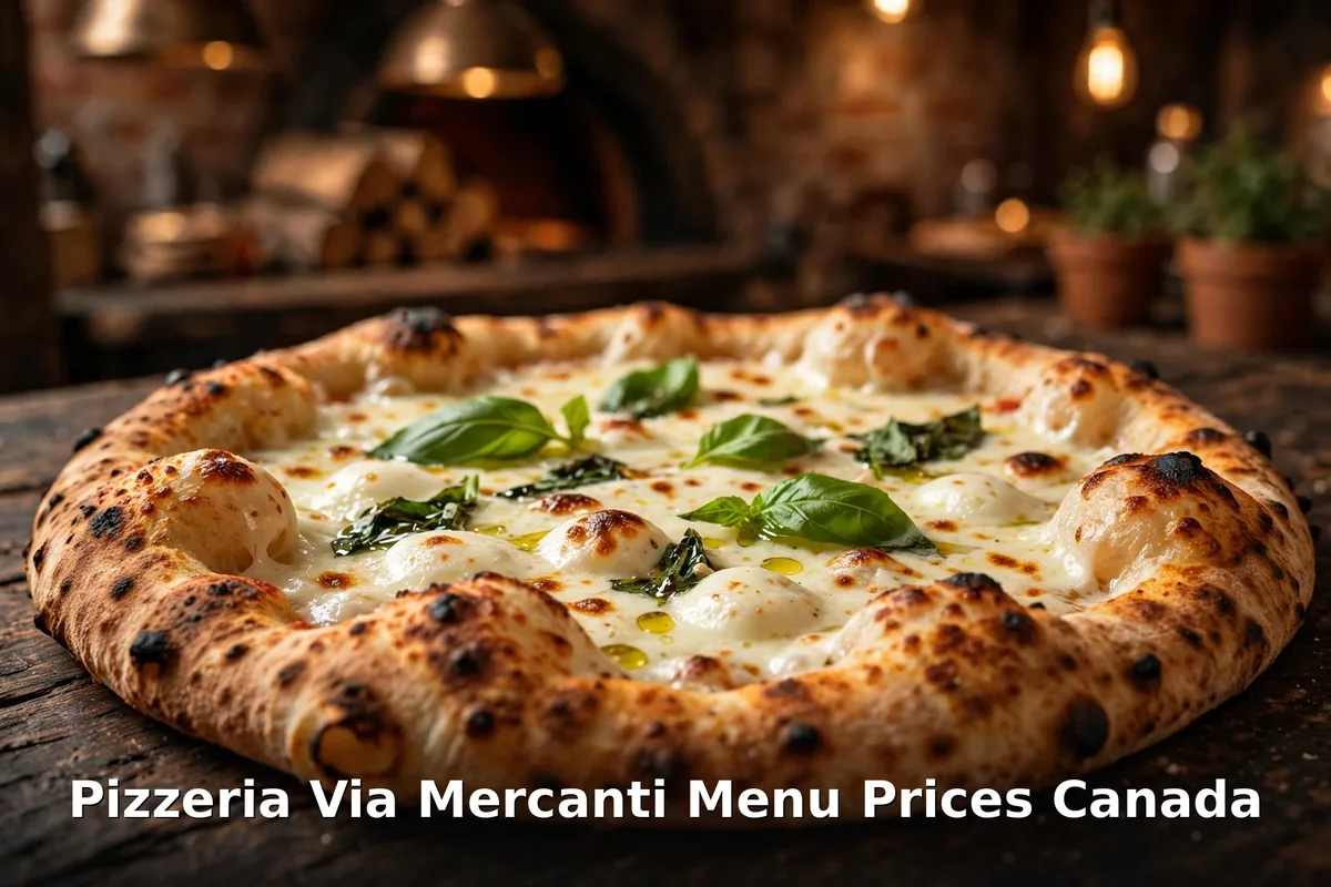 Neapolitan margherita pizza with leopard-spotted crust, Pizzeria Via Mercanti menu prices Canada 2026