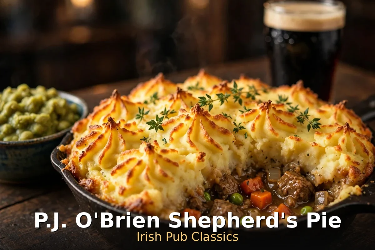 P.J. O'Brien shepherd's pie and curry chips menu prices Canada: Irish pub classics on a wooden table