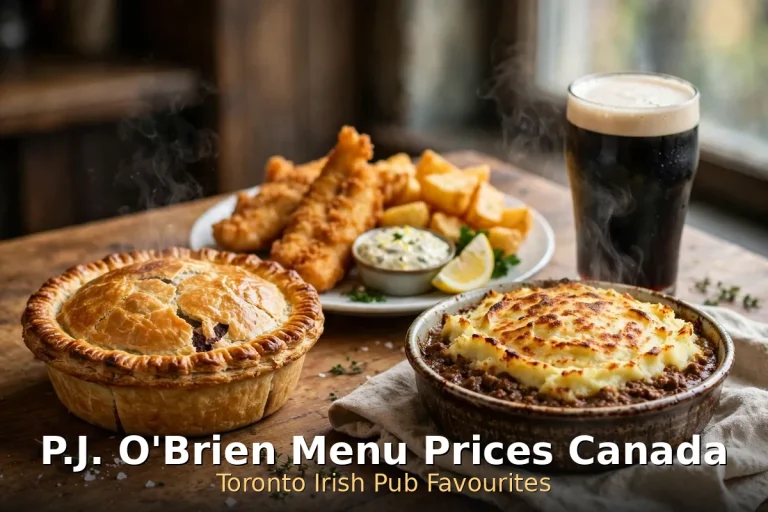 P.J. O'Brien Menu Prices Canada 2026: Irish pub spread with beef pie, shepherd's pie, fish and chips and a pint of stout