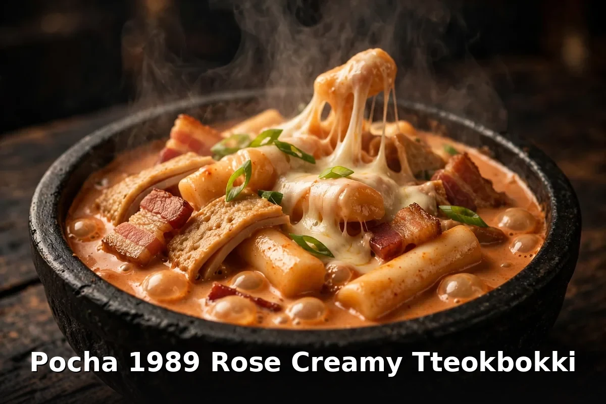 Pocha 1989 rose creamy tteokbokki with chewy rice cakes, Pocha 1989 Korean food Toronto