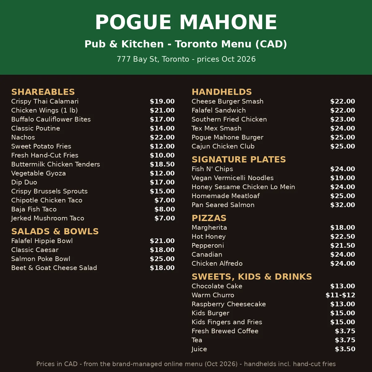 Pogue Mahone menu card with current Toronto pub menu prices in CAD, pogue mahone menu prices canada