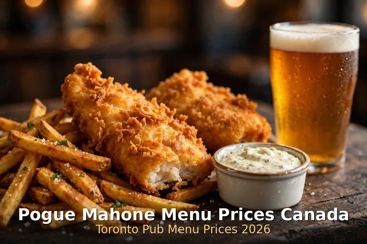 Pogue Mahone Irish pub fish and chips with a pint, pogue mahone menu prices canada 2026