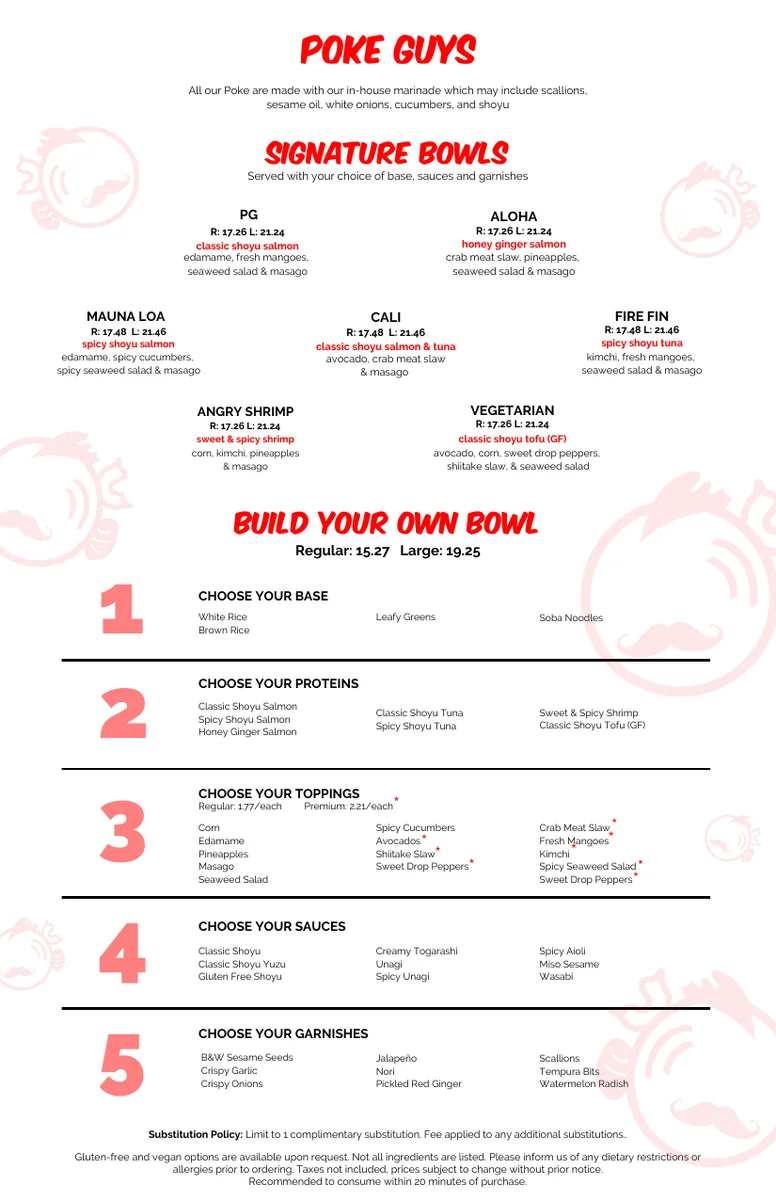 Poke Guy menu card with signature poke bowl prices, build your own bowl steps and topping prices in CAD, poke guy menu prices canada