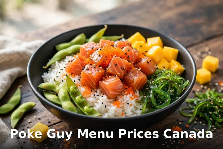 Poke Guy menu prices Canada 2026: AI-generated salmon poke bowl with mango, edamame, seaweed salad and masago over rice, poke guy menu prices