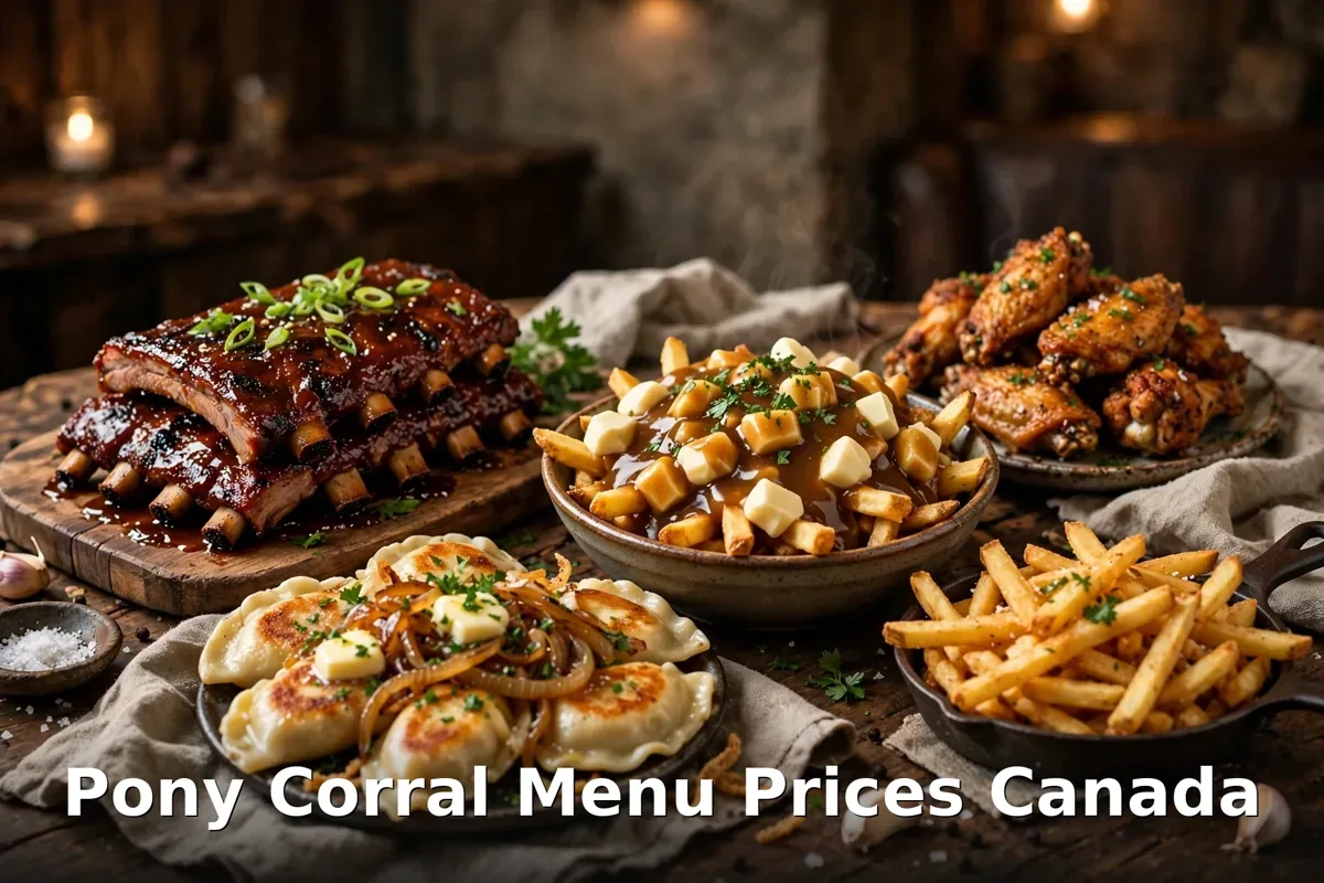 Pony Corral menu prices Canada 2026: BBQ ribs, poutine, perogies and chicken wings spread with keyword overlay