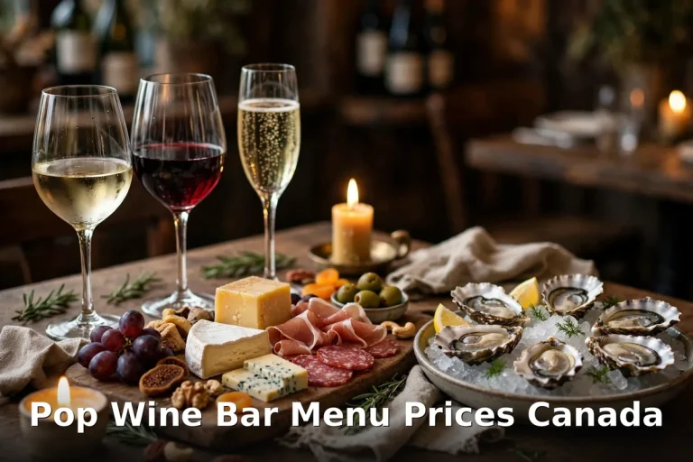Pop Wine Bar menu prices Canada 2026 featured: AI-generated wine-bar spread with oysters, charcuterie and wine glasses with PIL keyword overlay "Pop Wine Bar Menu Prices Canada"