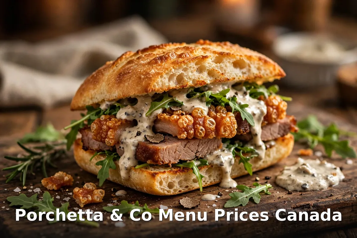 Carved porchetta sandwich with crackling and truffle sauce on ciabatta, porchetta & co menu prices canada