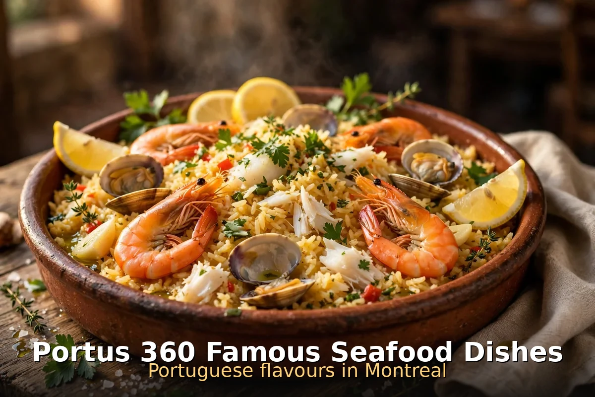 AI-generated grilled octopus and seafood rice with PIL keyword overlay, Portus 360 menu prices Canada