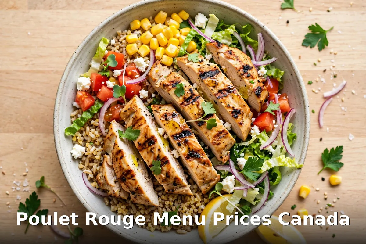 Poulet Rouge menu prices Canada 2026: AI-generated grilled chicken bowl photo with PIL text overlay