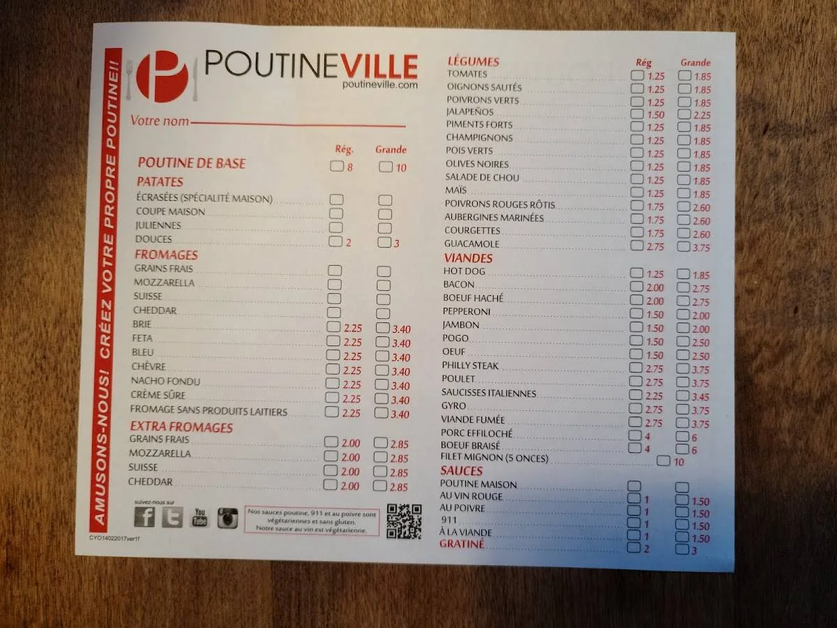 Poutineville build-your-own poutine menu card with toppings and prices, poutineville menu prices canada