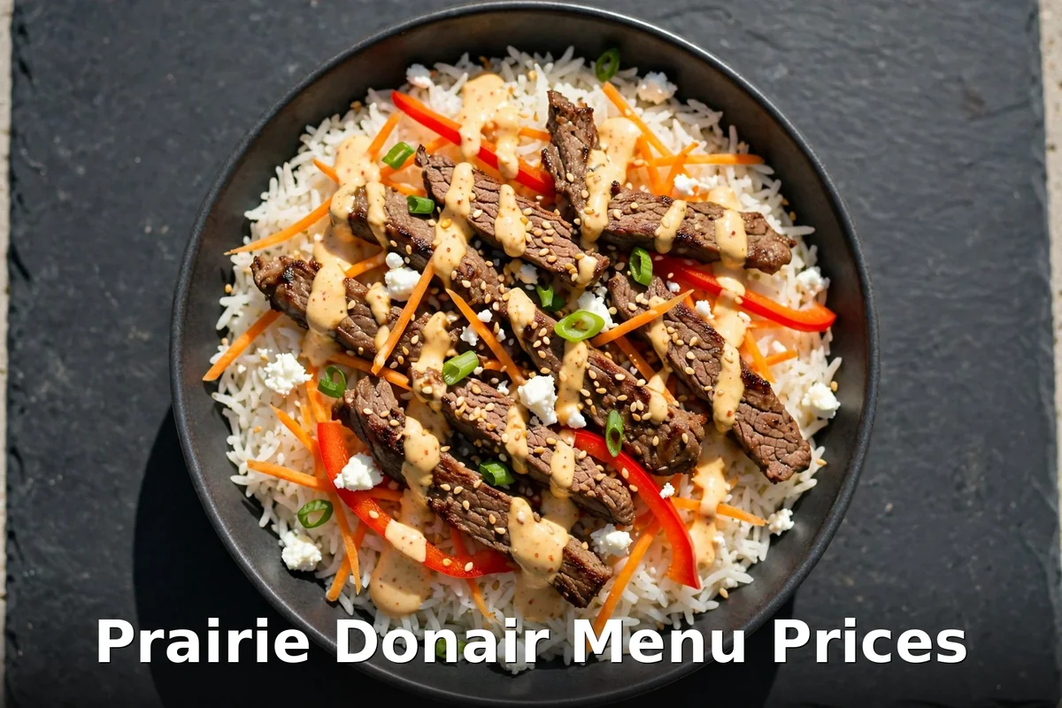 Prairie Donair rice bowl: seasoned meat over rice with vegetables and sauce, prairie donair menu prices canada