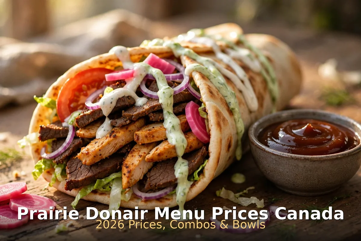 Prairie Donair menu prices Canada 2026: AI-generated donair wrap with meat, onions and sauce drizzle, prairie donair menu prices canada