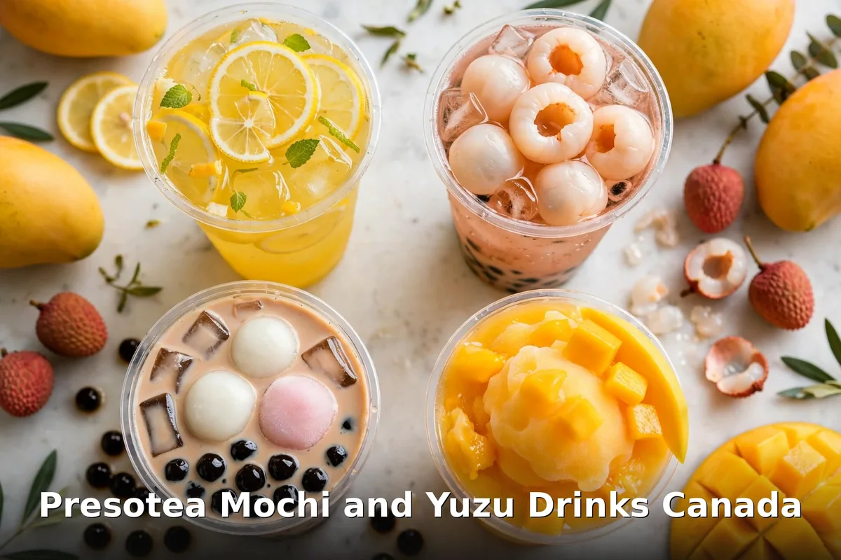 presotea mochi series yuzu drinks canada: yuzu lemonade tea, lychee iced tea, mochi milk tea with tapioca pearls and fresh mango slush flat lay