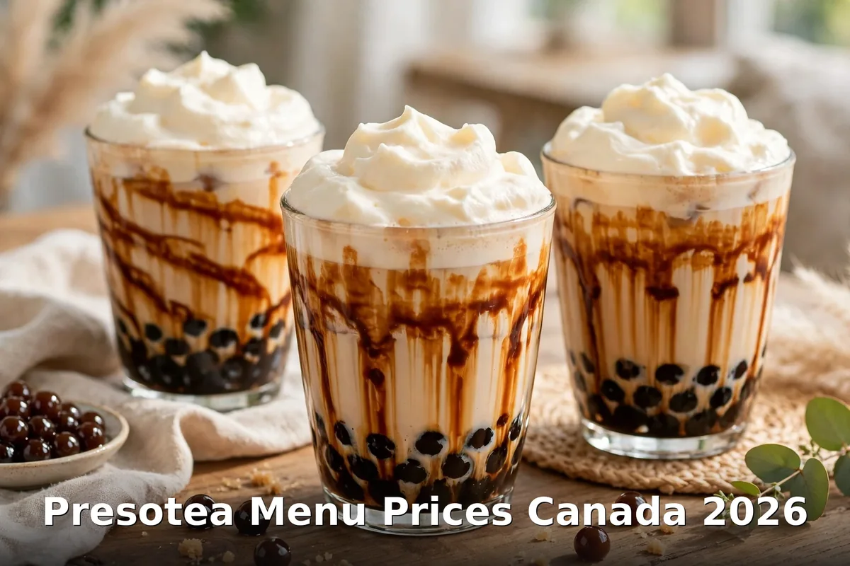 presotea menu prices canada 2026: brown sugar tiger-stripe bubble tea cups with tapioca pearls and cheese cloud foam