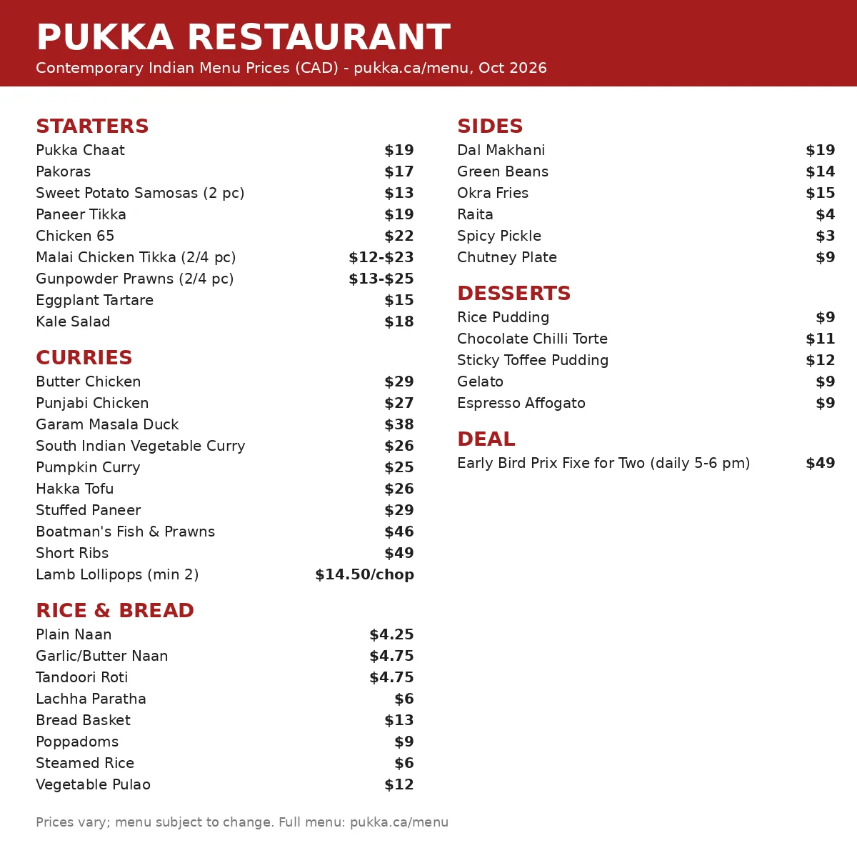 Pukka menu card with current Indian restaurant menu prices in CAD, pukka menu prices canada