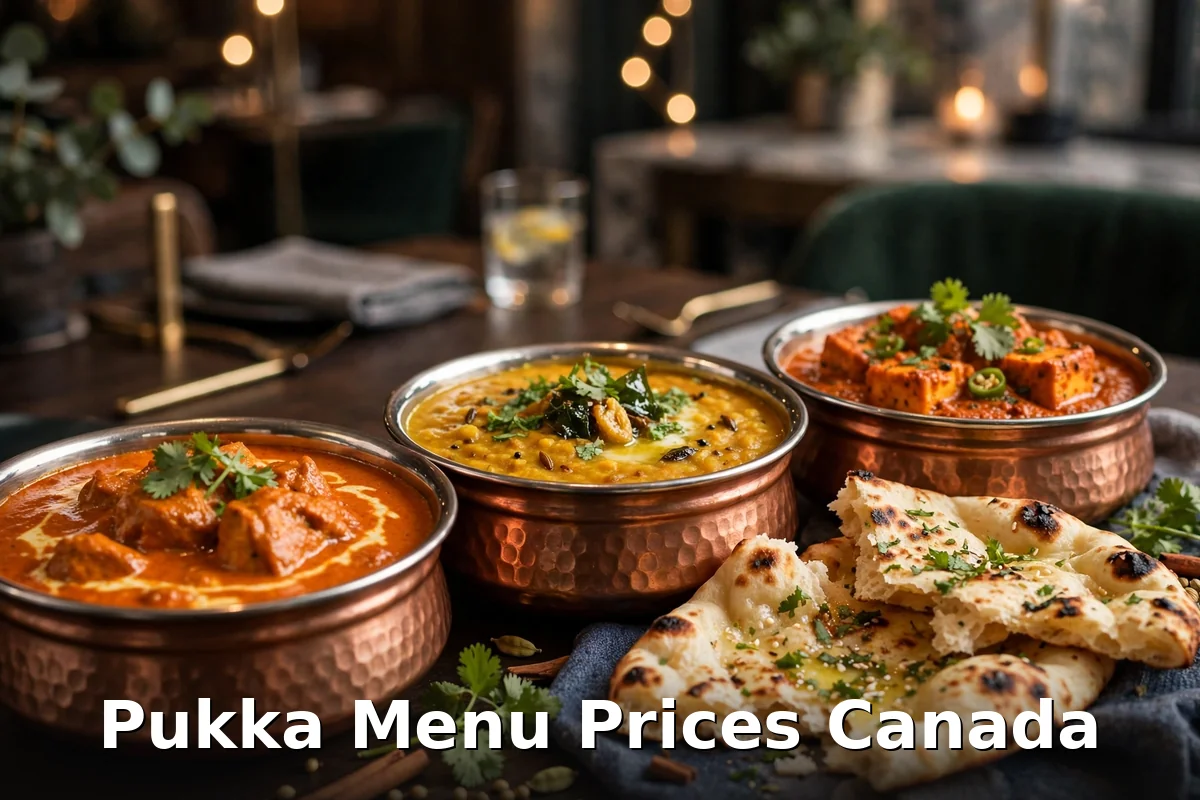 Pukka menu prices Canada - Indian thali spread with curries and naan, pukka menu prices
