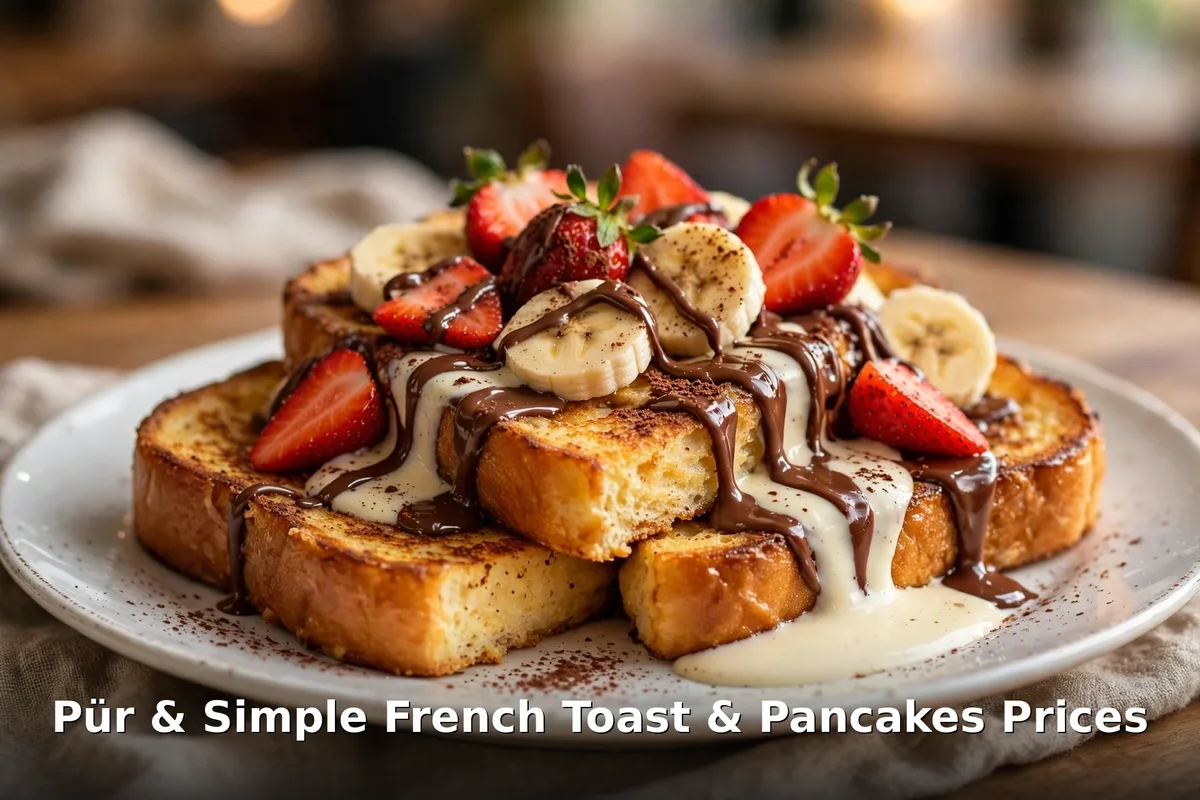Pür & Simple french toast menu prices Canada, french toast with strawberries, bananas and chocolate drizzle