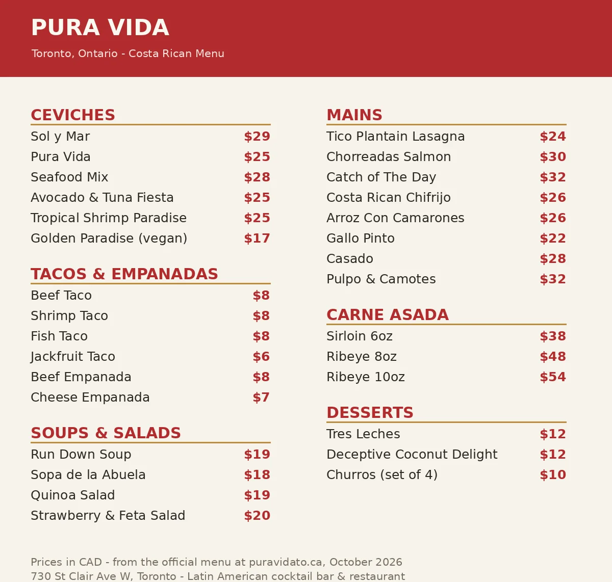 Pura Vida menu prices Canada, current official Pura Vida Toronto menu with ceviche, taco and main prices in CAD