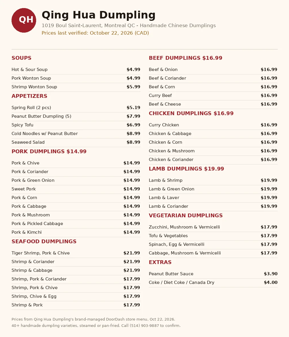 Qing Hua Dumpling official menu card showing pork, beef, chicken, lamb and seafood dumpling prices in CAD, qing hua dumplings menu prices canada