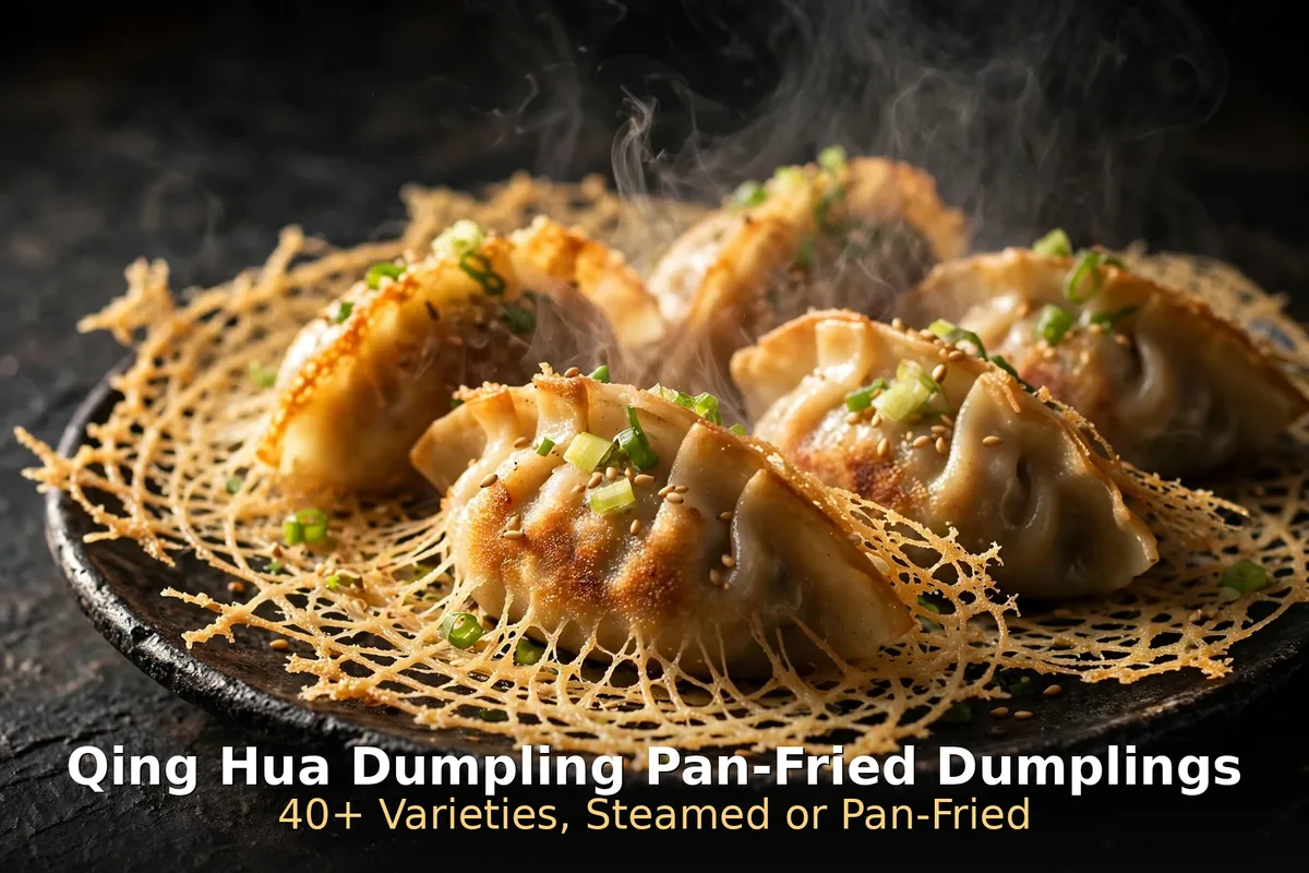 Pan-fried Qing Hua Dumpling jiaozi with crispy golden lattice skirt, qing hua dumplings menu prices canada