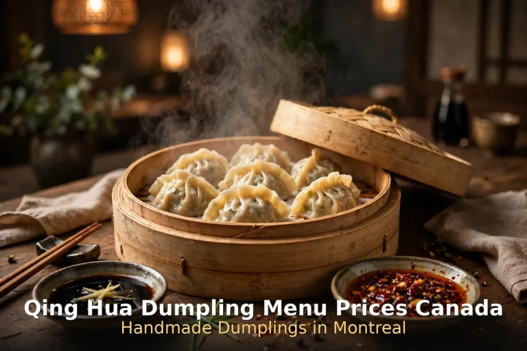 Steaming bamboo steamer basket of handmade pork and chive jiaozi dumplings with chilli oil and vinegar dipping sauces, qing hua dumpling menu prices canada 2026