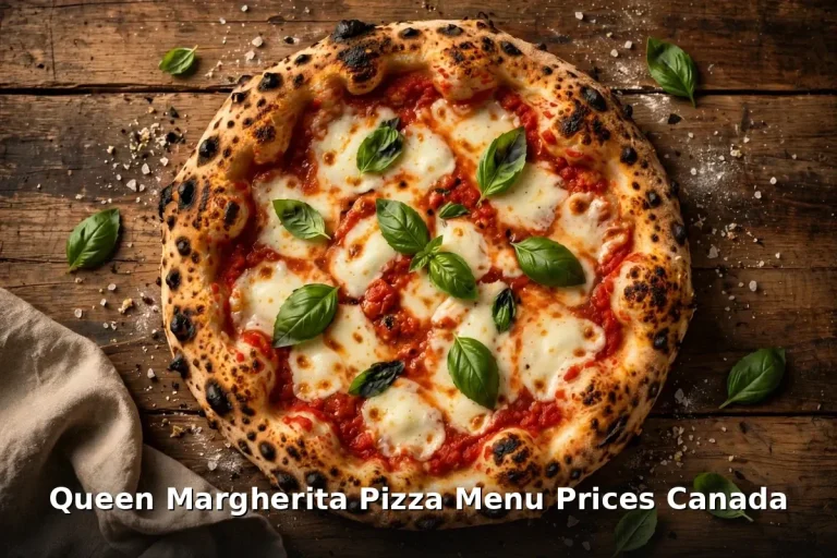 Wood-fired Neapolitan margherita pizza with leopard-spotted crust, Queen Margherita Pizza menu prices Canada 2026