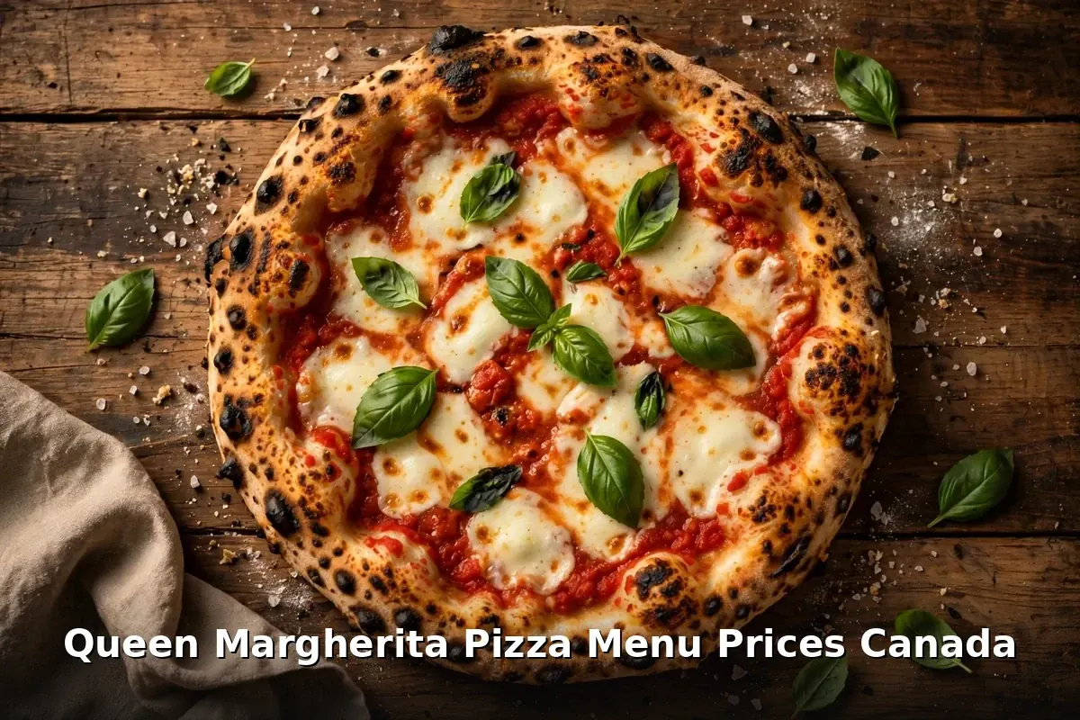 Wood-fired Neapolitan margherita pizza with leopard-spotted crust, Queen Margherita Pizza menu prices Canada 2026