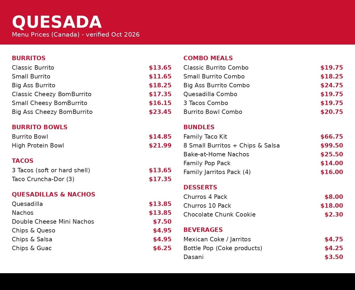 Quesada menu prices Canada 2026: official Quesada menu card with burrito, taco, quesadilla, combo and family prices
