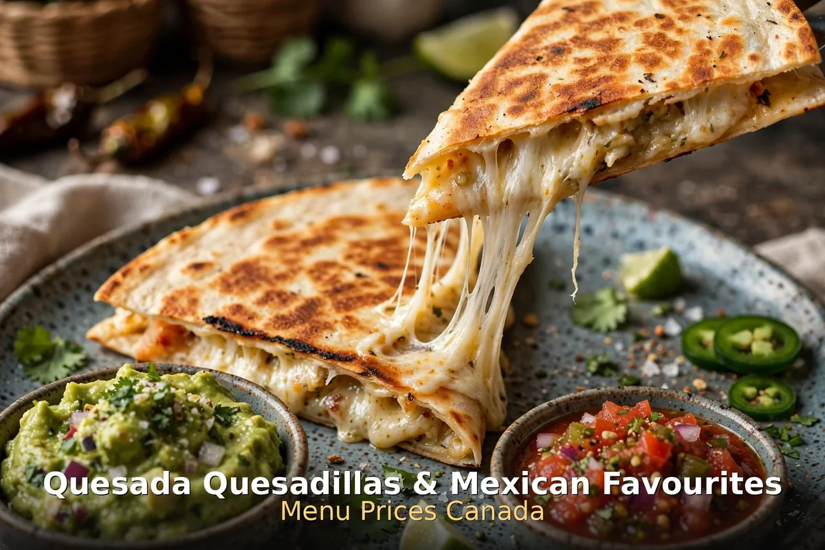 Quesada quesadilla with cheese pull and Mexican favourites, quesada menu prices canada