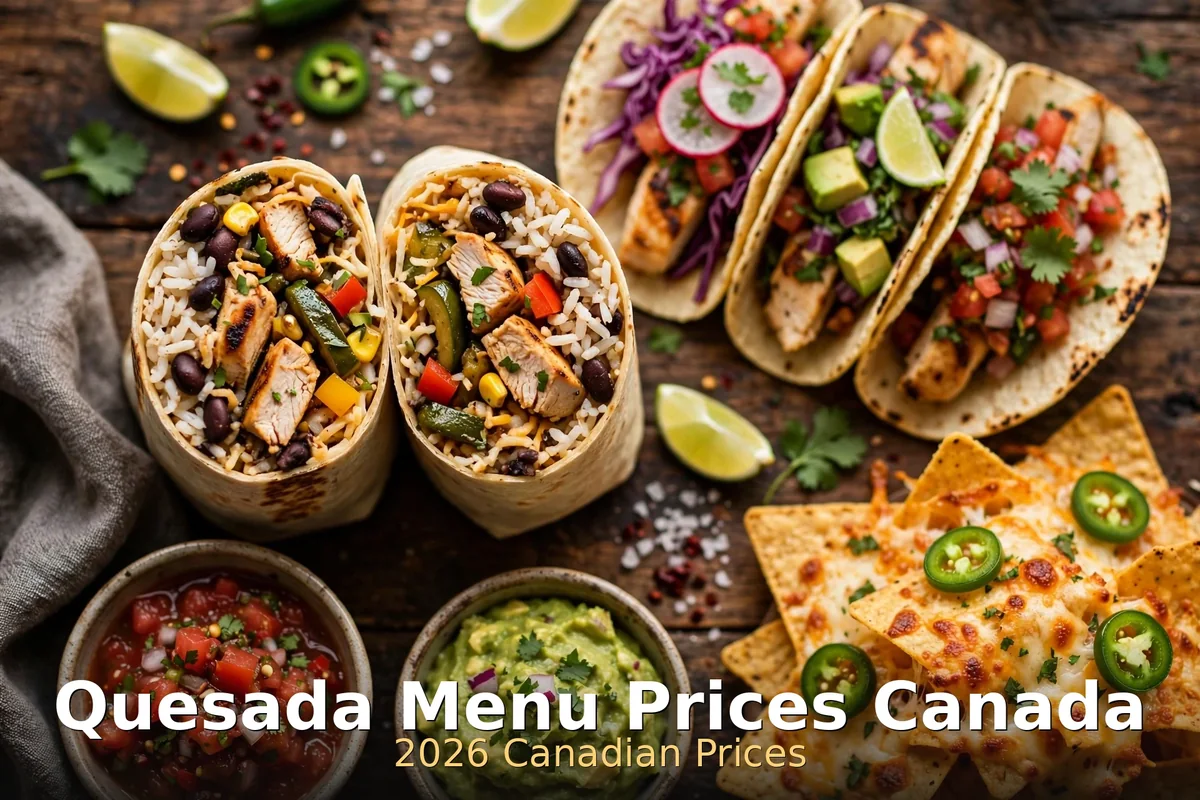 Quesada menu prices Canada 2026: burritos, tacos and nachos with salsa and guacamole