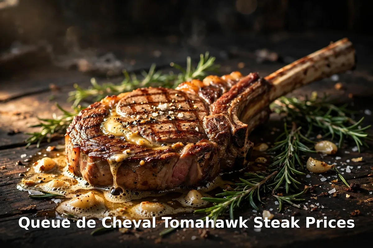 AI-generated tomahawk steak close-up with PIL keyword overlay, Queue de Cheval menu prices Canada