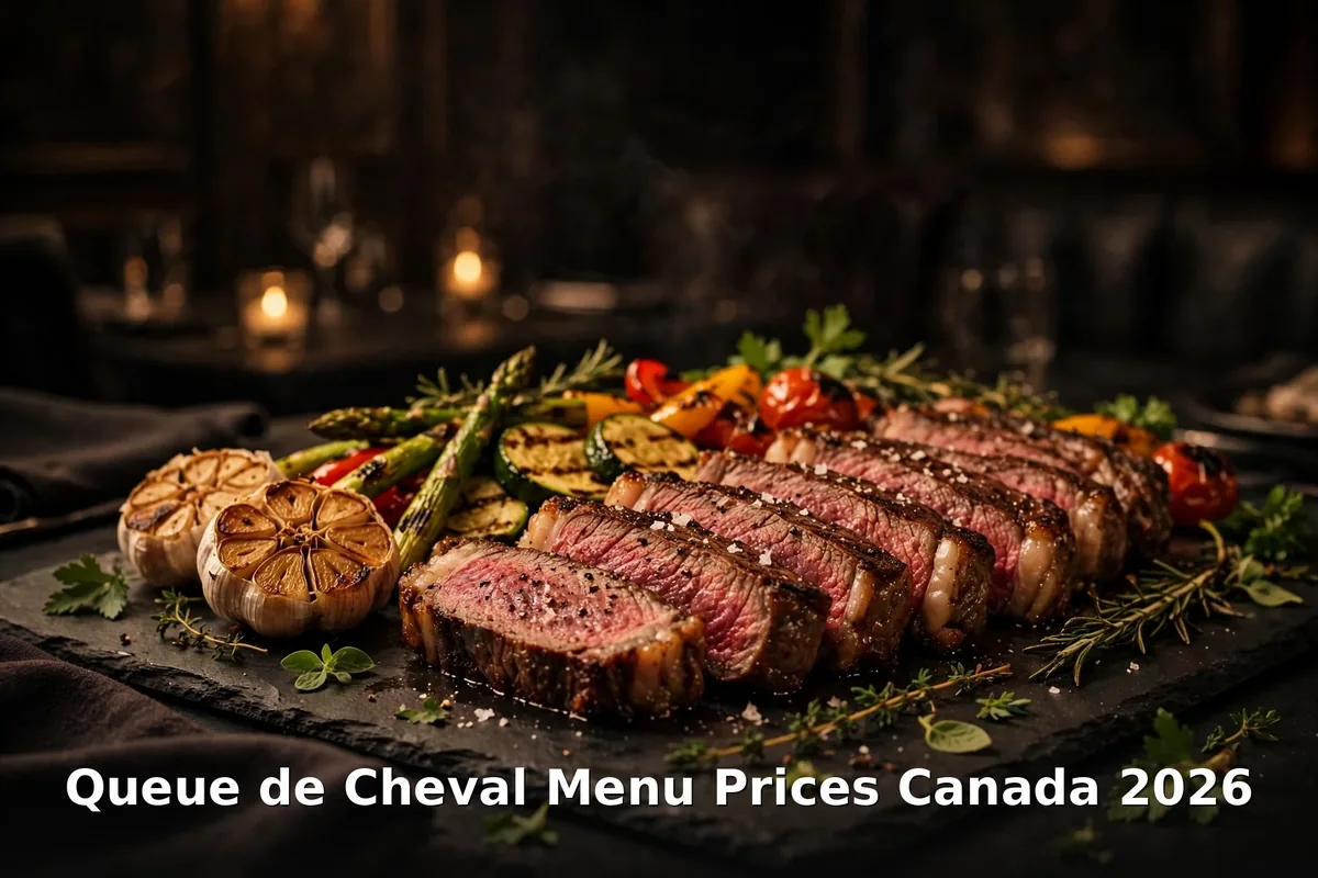 Queue de Cheval menu prices Canada 2026 featured: AI-generated luxury steakhouse dinner of sliced dry-aged ribeye on slate with crisp PIL keyword overlay