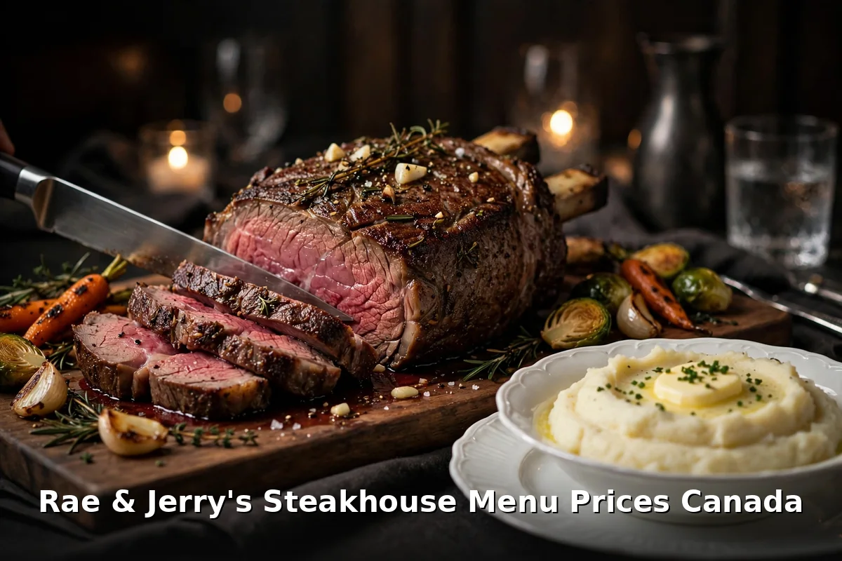 Rae and Jerry's steakhouse menu prices Canada 2026 featured: AI-generated prime rib carve photo with PIL keyword overlay